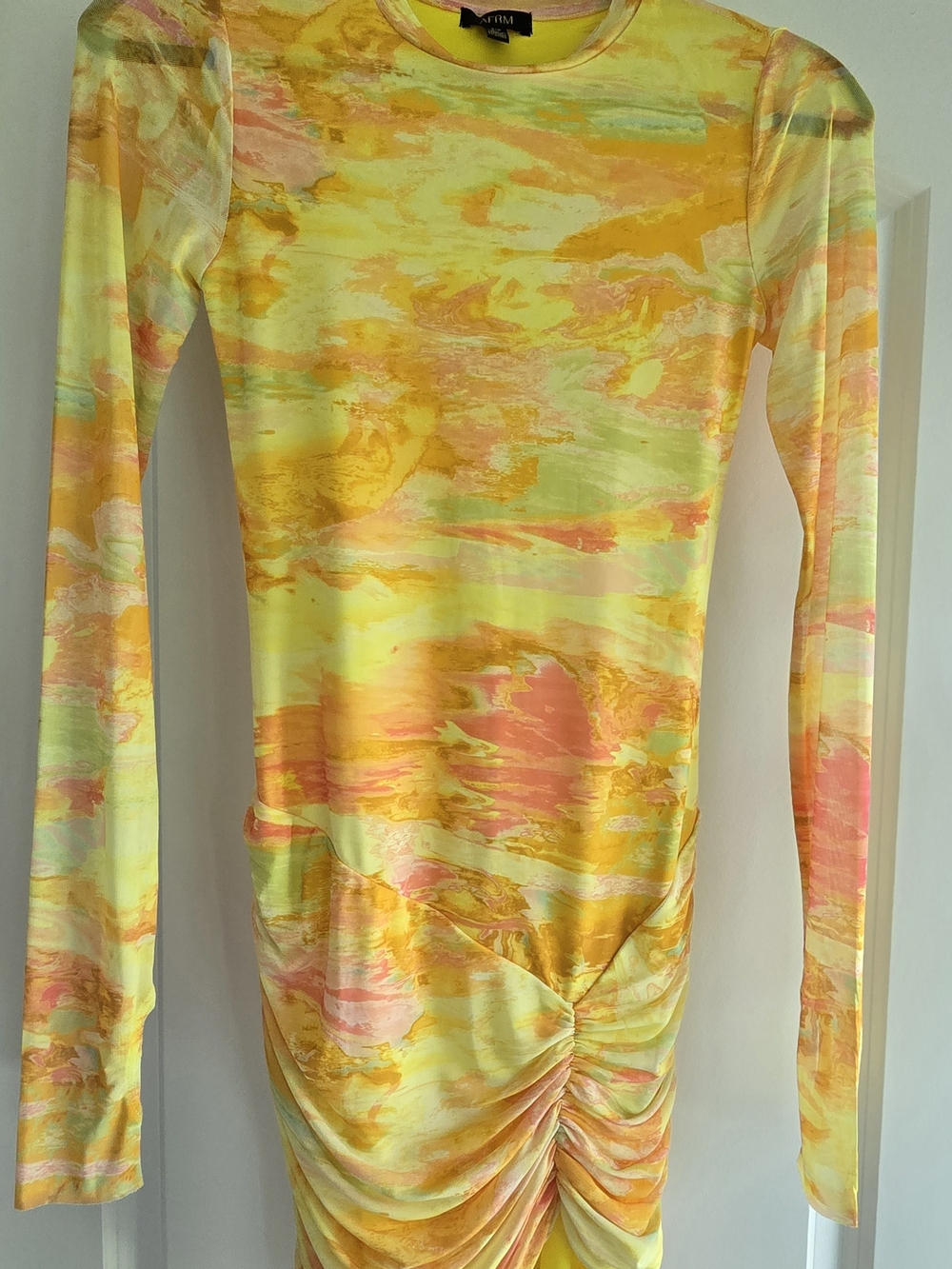 AFRM Yellow Multi-Color Ruched Long-Sleeve Women's Top